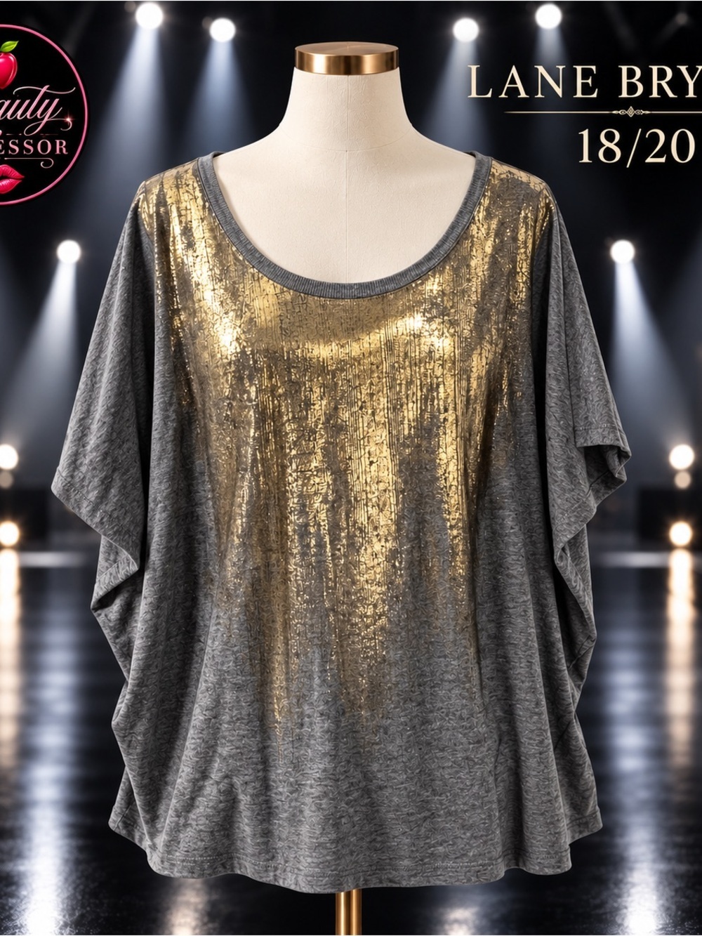 Lane Bryant 18/20 Gray Gold Metallic Foil Scoop Neck Tee